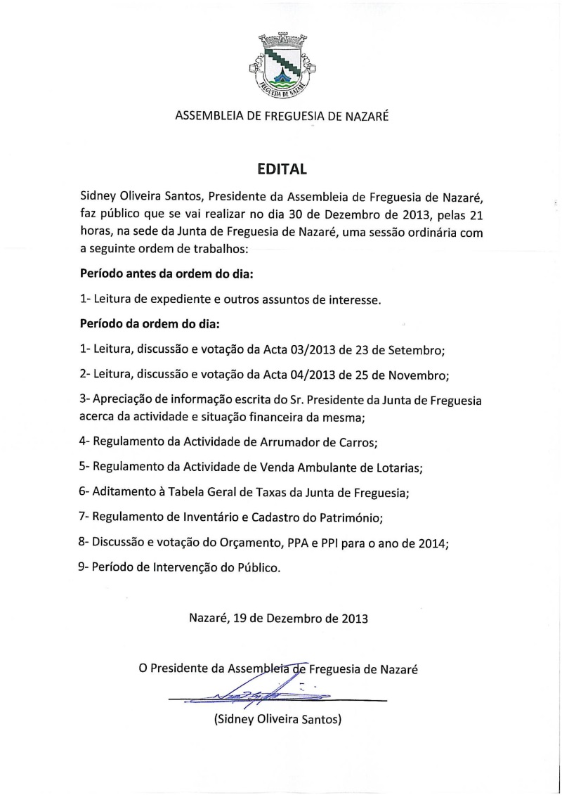 Edital Assembleia de Freguesia - 30 de Dezembro de 2013